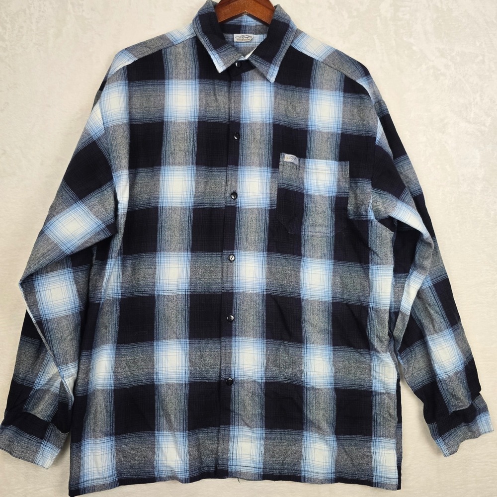 Vintage Caltop Blue Black Plaid Flannel Button Down Shirt Made in USA XL